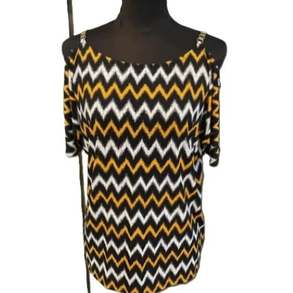 MICHAEL KORS Ikat Pattern Chain-Strap-Cold-Shoulder-Blouse ( MEDIUM ) NWT $89.50 - Picture 3 of 5